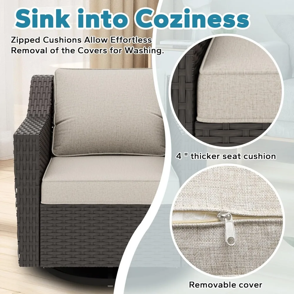 كراسي هزازة من الخيزران في الهواء الطلق ومجموعة طاولة جانبية: كرسيين بذراعين دوارين مع وسائد قابلة للغسل #3