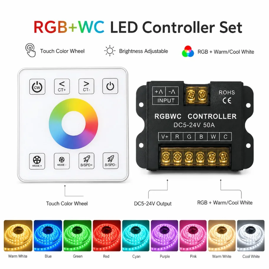 conjunto-de-controlador-led-rgbwc-dc5-24v-50a-com-roda-de-cores-sensivel-ao-toque-painel-de-parede-controle-remoto-31-niveis-de-brilho-cct-e-ajuste-de-velocidade-para-iluminacao-domestica