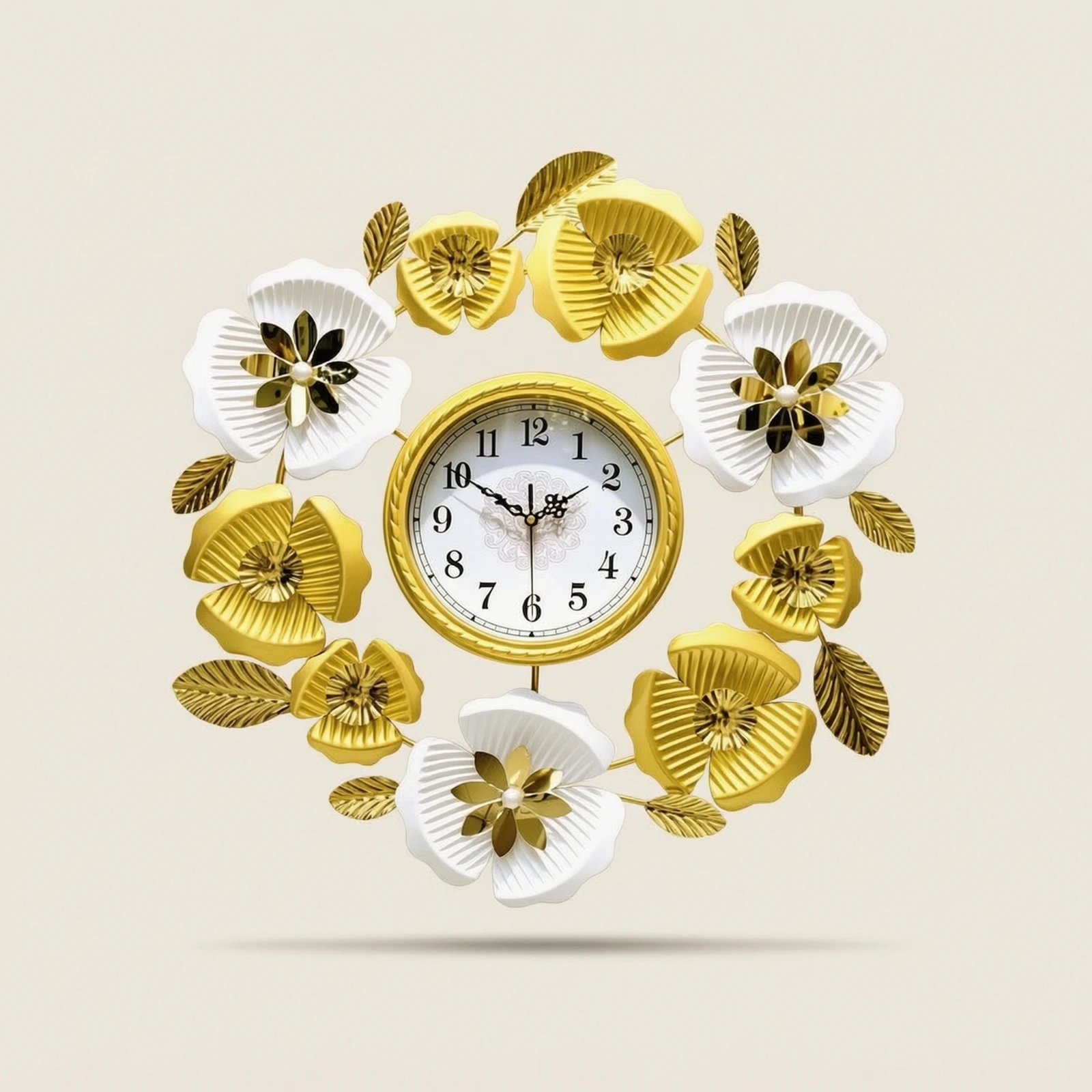 Wall Clock with Floral Design Gold and White Decorative Wall Clock Ornate Modern Art for Homeowners, Living Room, Entryway