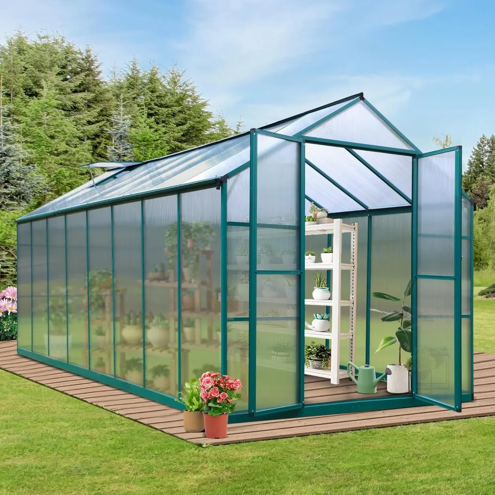 

8FT X 16FT Polycarbonate Greenhouse Outsides, Greenhouses with Adjustable Roof Vent and Rain Gutter, Aluminum Greenhouse