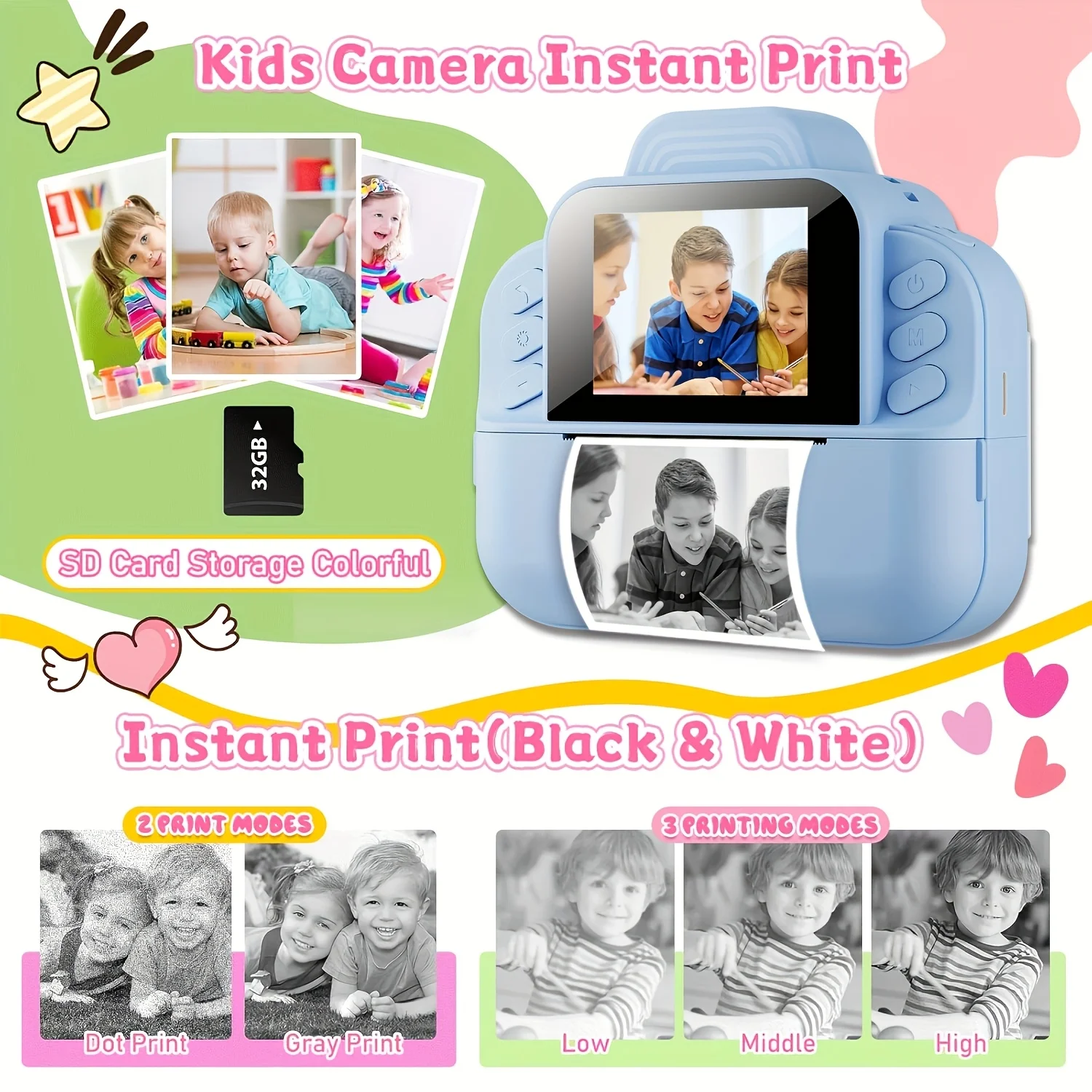 Portable photo printer (blue) with rechargeable battery and 4 rolls of thermal paper /1g card-instant photo printing view 5