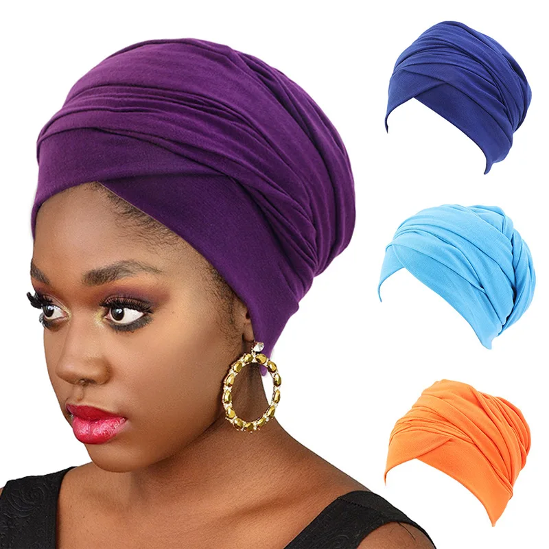 2022 Fashion Women Head Scarf Turban Hat African Headwraps Solid Color Cotton Turbanet Ladies Long Tail Bonnet Hijab Caps Muslim