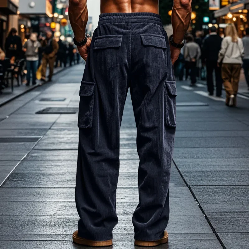 

Men's Corduroy Casual Pants Retro American Loose Fit Straight Leg Workwear Trousers with Multiple Pockets
