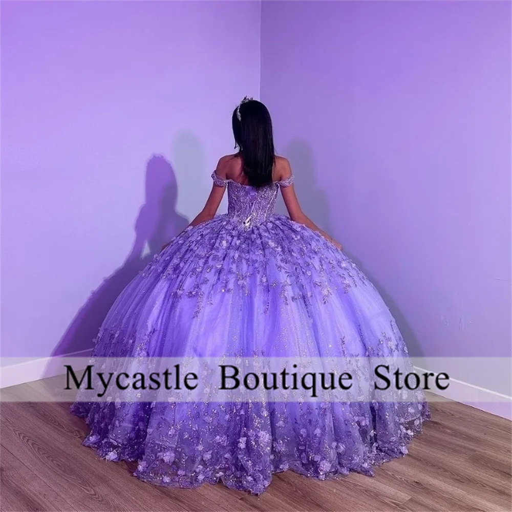 Vestidos de quinceañera de princesa hinchados brillantes morados 2025, cuentas con hombros descubiertos, Gillter Floral 3D con cordones, Vestidos personalizados de 15 años