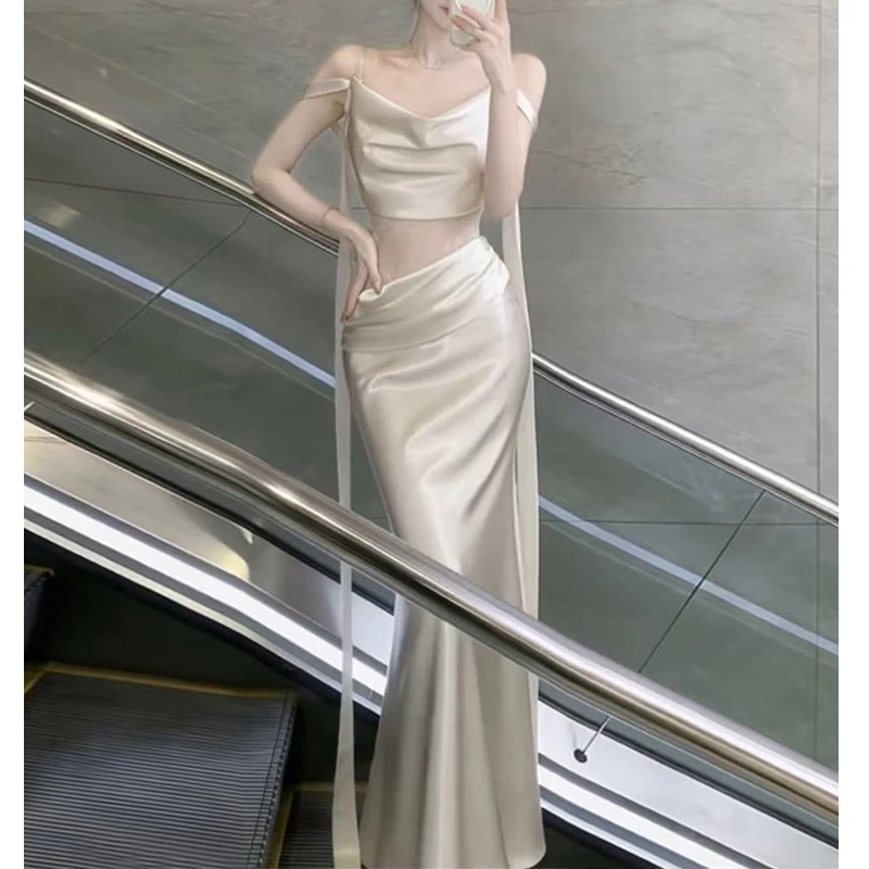 

Swing Collar Long Dress Maxi Hollow Out Lace Elegant Sexy Party Mermaid Dress Women 2026 New Zipper High Waist Champagne Dress