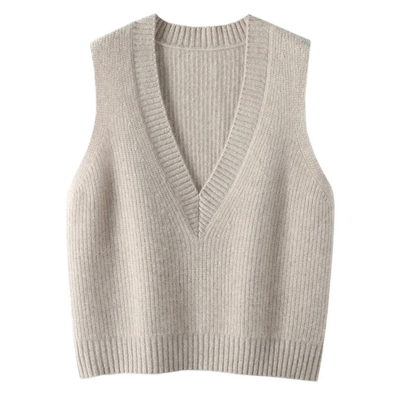 Women's Fashion Autumn/Winter New Soft Glutinous Merino Wool V-neck Vest Knitted Vest Warm Solid Color Sleeveless Sweater