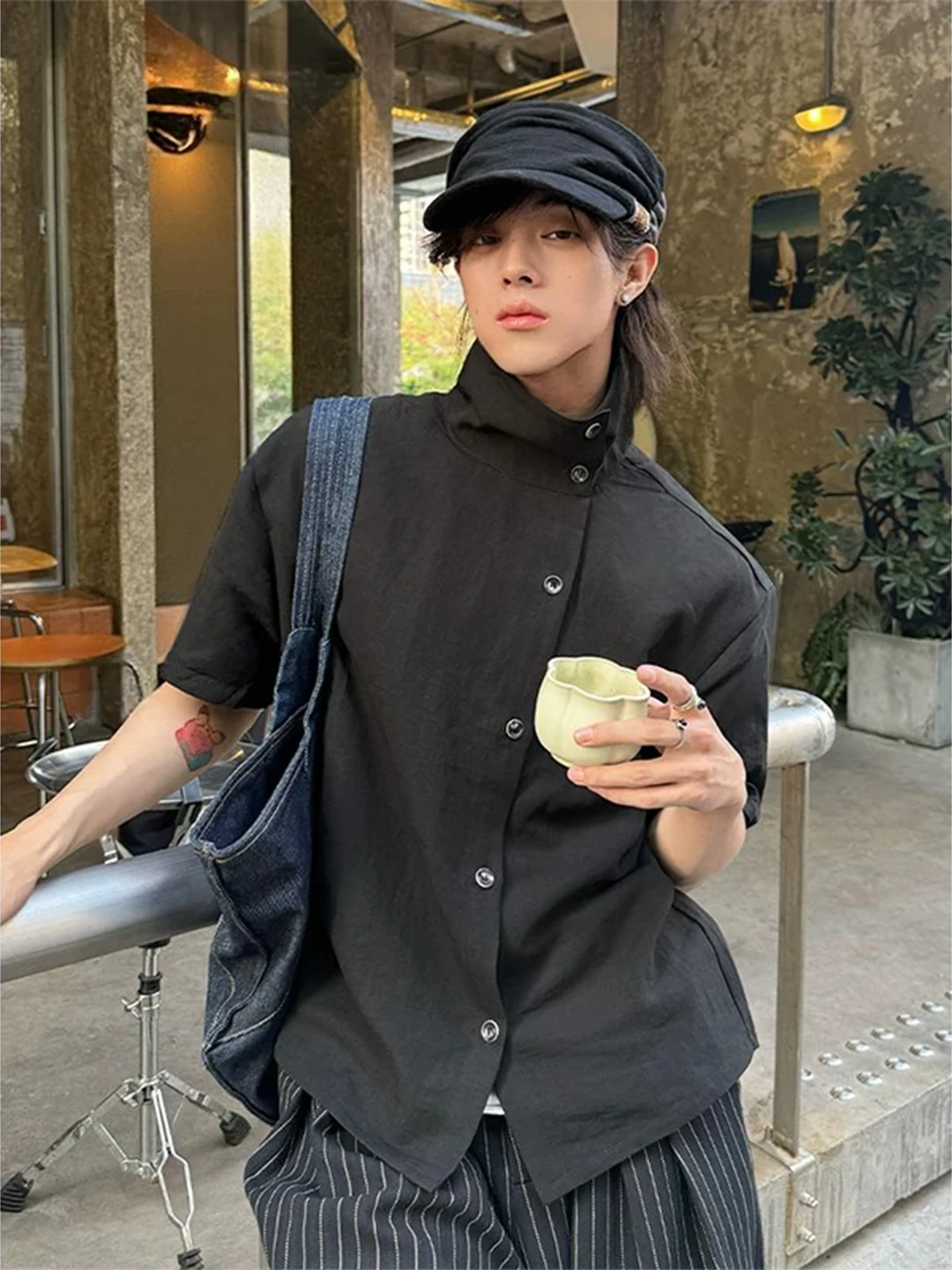 

KREATE New Chinese Style Short Sleeve Shirt Linen Lyocell Slant Button Stand Collar Women's Summer Thin Shirt Unisex