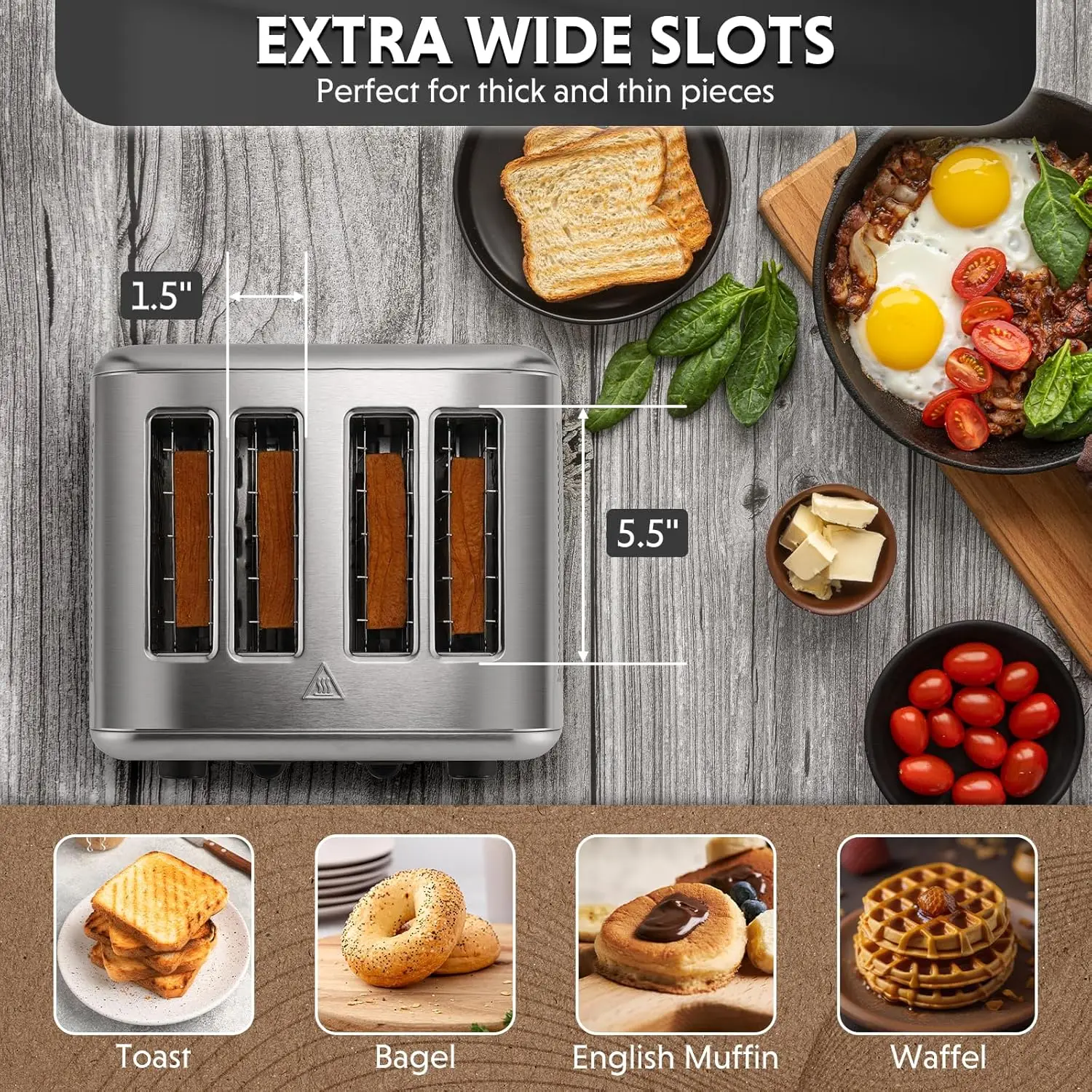 محمصة من الفولاذ المقاوم للصدأ مع 4 شرائح ، فتحات واسعة للغاية للخبز ، الكعك ، رافعة رفع عالية ، 6 إعدادات تظليل ، رف ، dt430