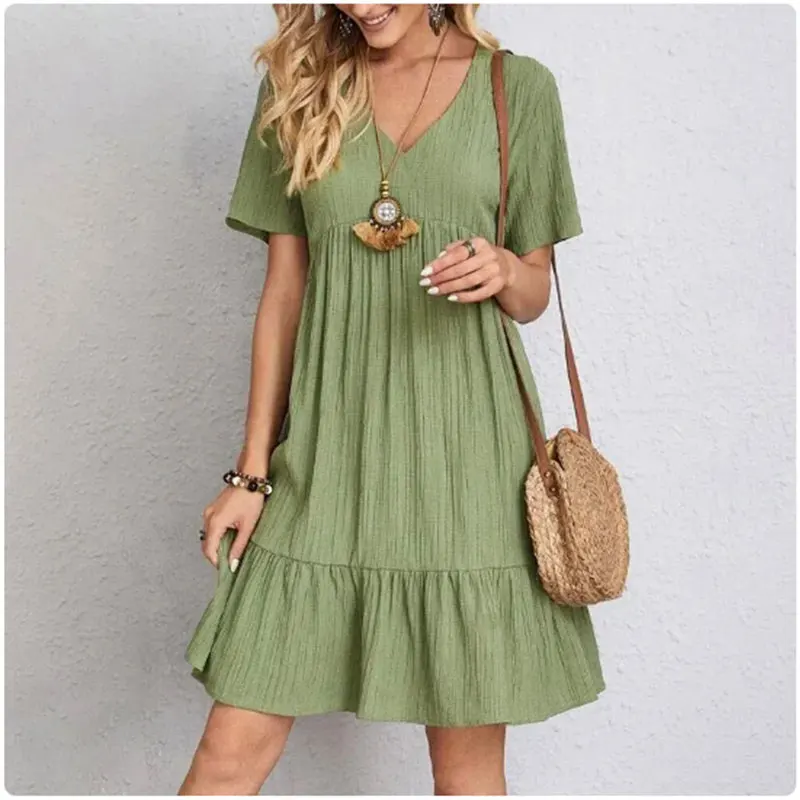 Robes d'été pour femmes, style peplum, col en V, manches courtes, taille ample, volants, coupe évasée, pour les vacances