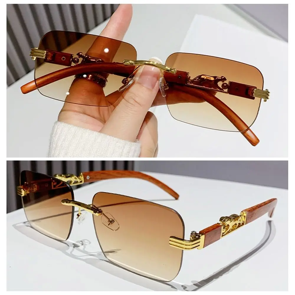 Metal Temples Rimless Cut Edge Sunglasses Unique UV400 Rectangle Sun Glasses Cool Cheetah Design Sunglasses