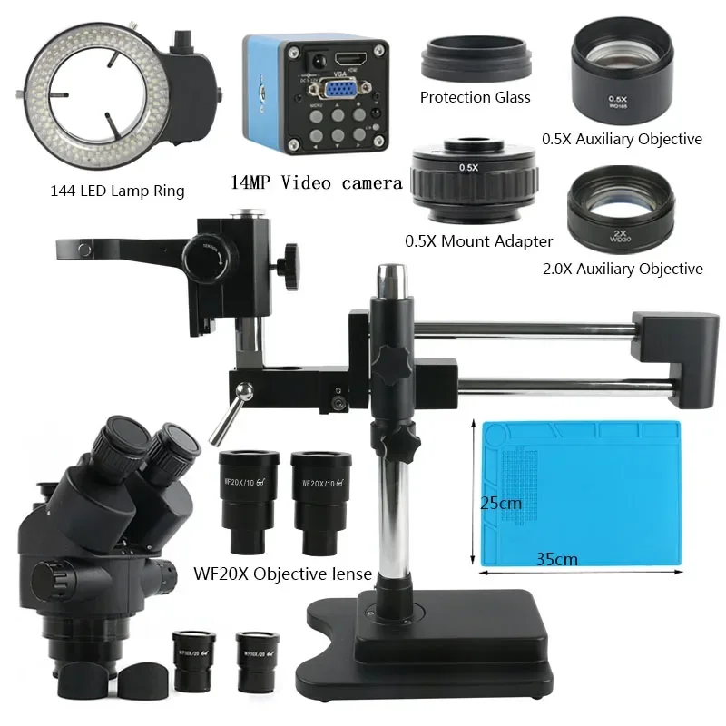 

3.5X-90X Simul Focal Continuous Zoom Trinocular Stereo Microscope 1080P 14MP HDMI Microscope Video Camera With Double Boom Stand