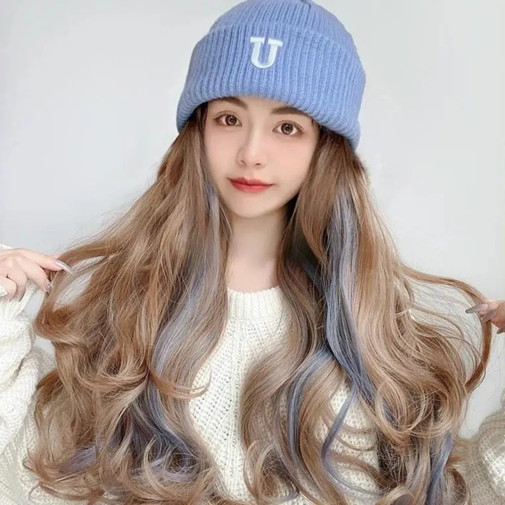 Synthetic 45cm Haze Blue Gradient Highlight Long Curly Hair Hat Integrated Women's Wig Fluffy Natural Fashion Women's Wig