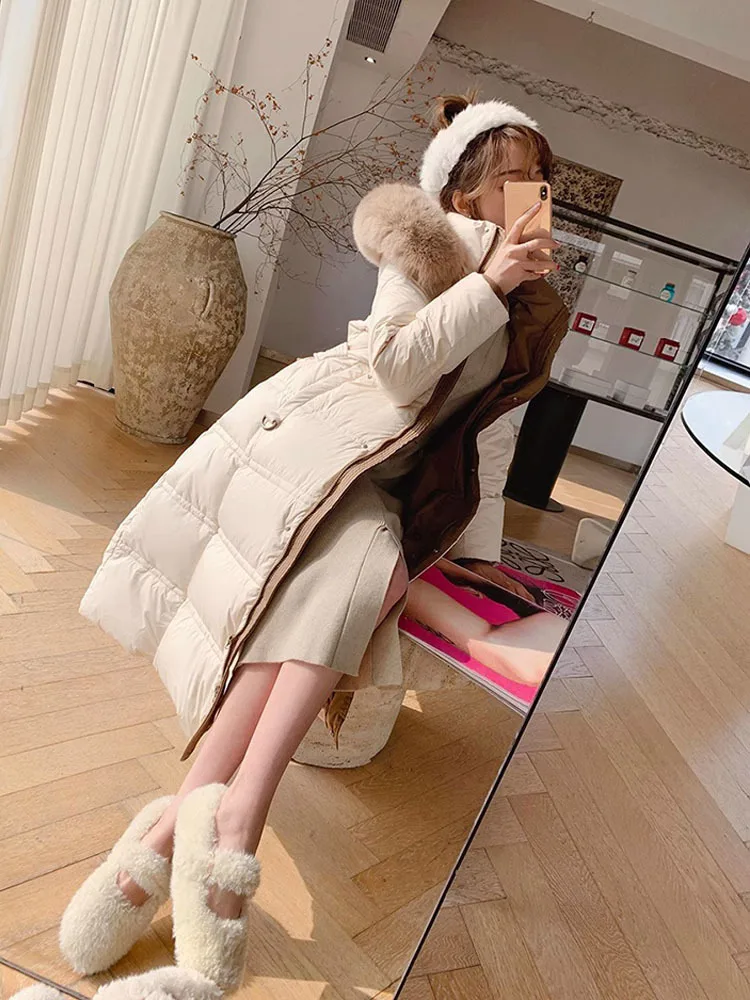 New High-Grade Women\'s Fox Fur Collar Down Jacket Winter Coat Cold 90% White Duck Down Outerwear Long Hooded Parker Overcoat