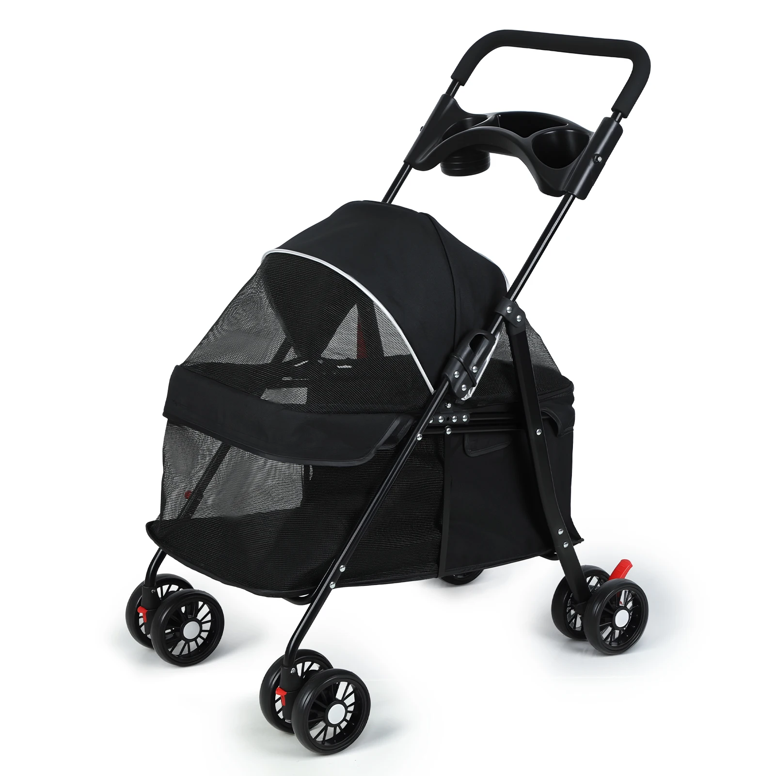 

4-колесная коляска для собак и кошек, коляска в клетку для собак и кошек с подстаканником, дышащая и видимая сетка для средней и маленькой собаки