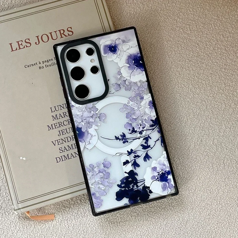 Flower MagSafe Acrylic Black Border Magnetic Phone Case for Samsung Galaxy S22U S23 Ultra S24 Ultra Cover Protective Shell