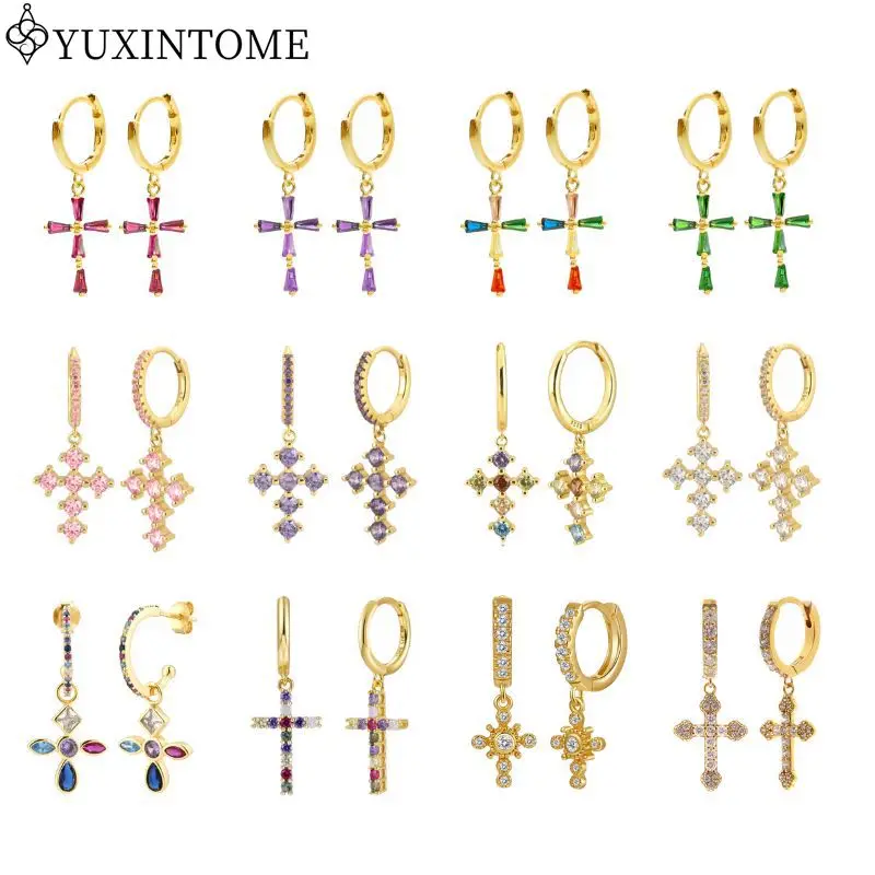 

925 Sterling Silver Ear Needle Crystal Zircon Cross Pendant Series Earrings Metal Hoop Ear Buckle Drop Earrings Fashion Jewelry