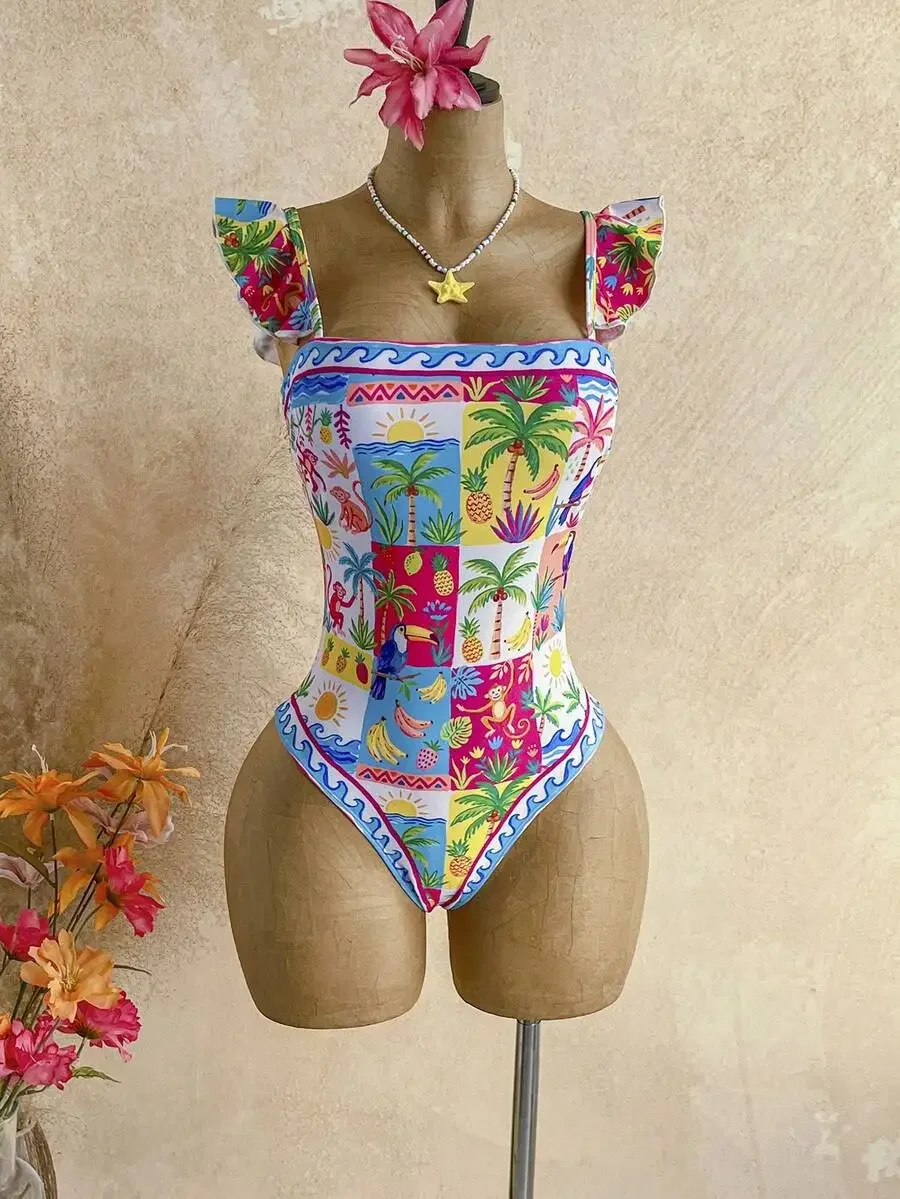 

Womens Colorful Tropical Print Square Neck Cap Sleeve One-Piece Swimsuit For Beach Vacation