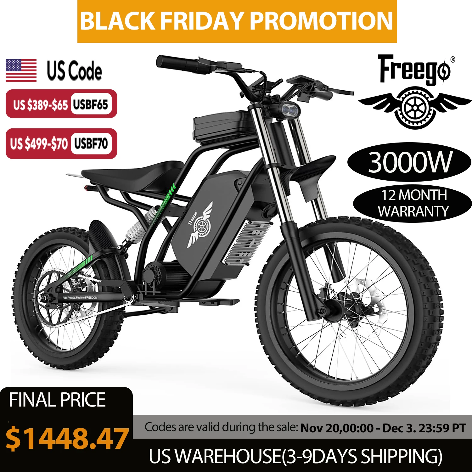 

Freego Electric Motorcycle Bike Dual-Mode Electric Dirt Bike 3000W Drive Motor 60V/25Ah Battery 40MPH Off Road Bicycle