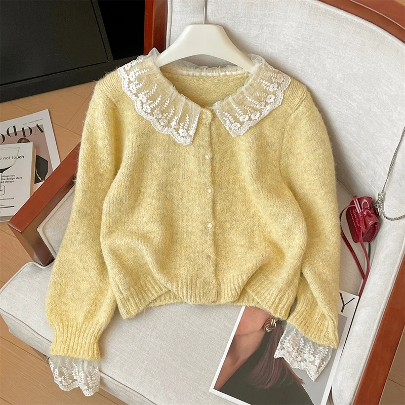 Bomon Y2K 2024 Autumn/Winter outside wearing sexy lace patchwork sweater cardigan women's new loose soft waxy Korean style coat