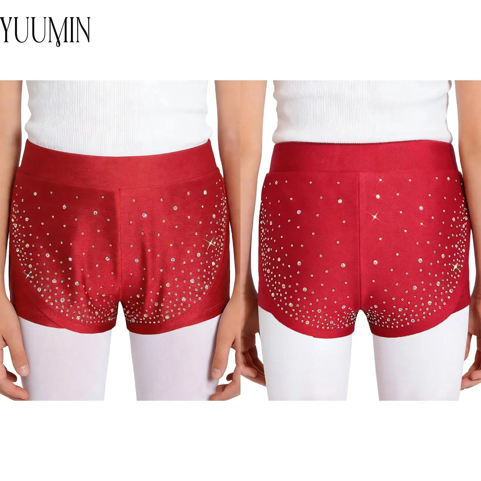 

Kids Girls Ballet Dance Stretchy Shorts Double-Layer Athletic Shorts Glittery Rhinestones Shorts for Gymnastics Figure Skating
