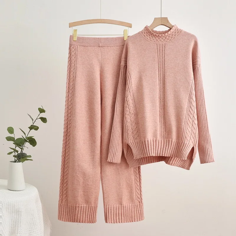 Fall Winter Knited Women 2 Piece Sets Casual Elegant Sweater Tops Ensemble Elastic High Waist Strecth Wide Leg Pants Conjunto