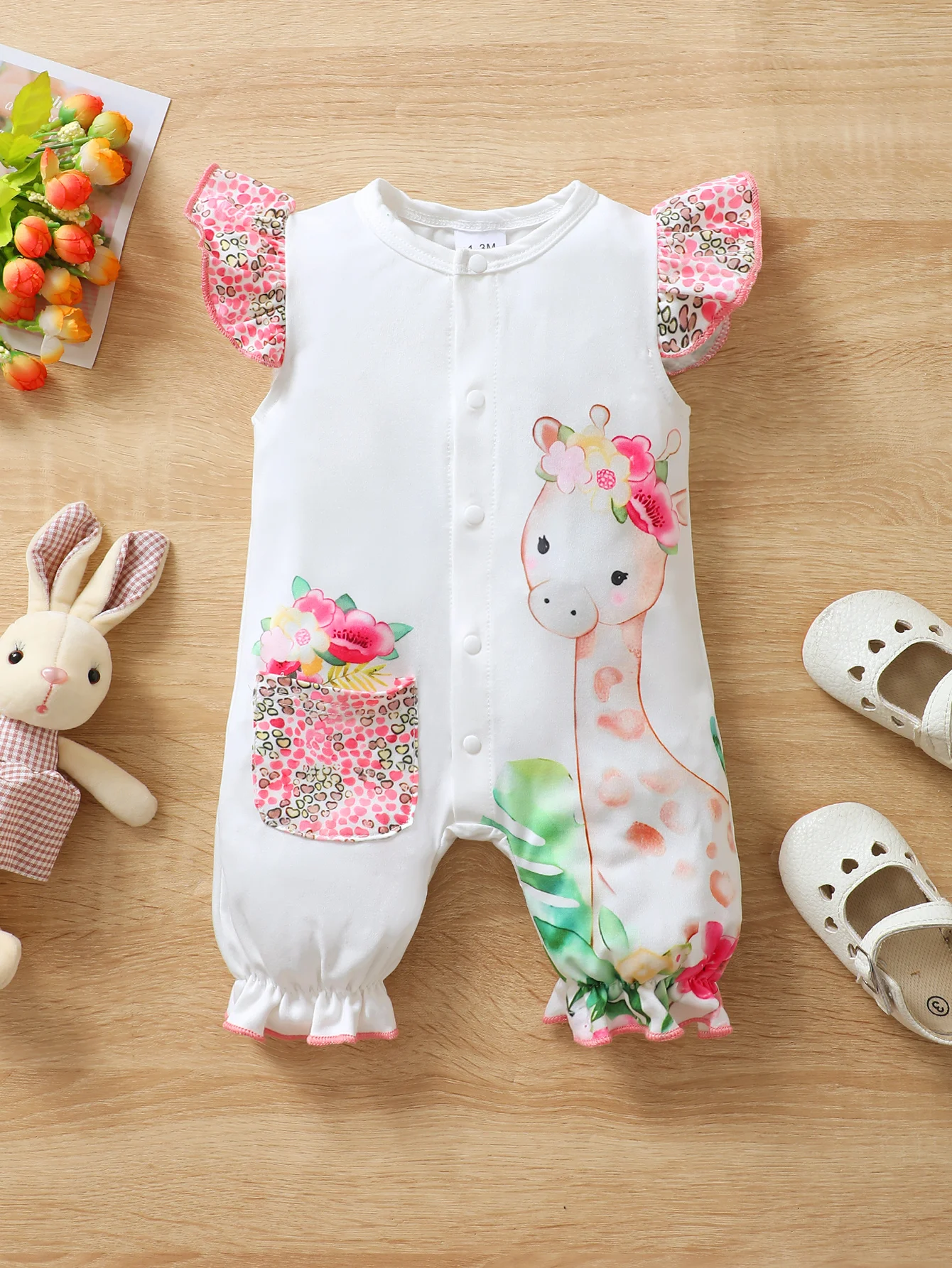 Baby Girls' Cute And Fashionable Round Neck Sleeveless Cartoon Giraffe Romper With Ruffled Hem Shorts, Summer