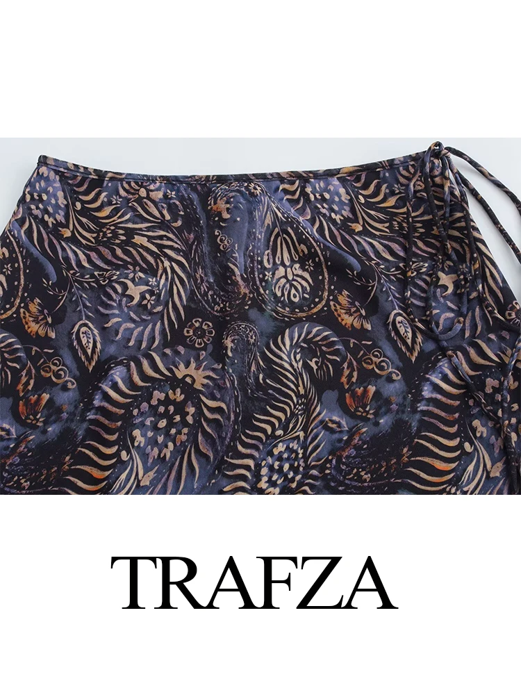 TRAFZA, falda de tul estampada para mujer, conjunto de 2 piezas, camisa Vintage de manga larga con cuello en V + falda Midi ajustada informal de temperamento femenino