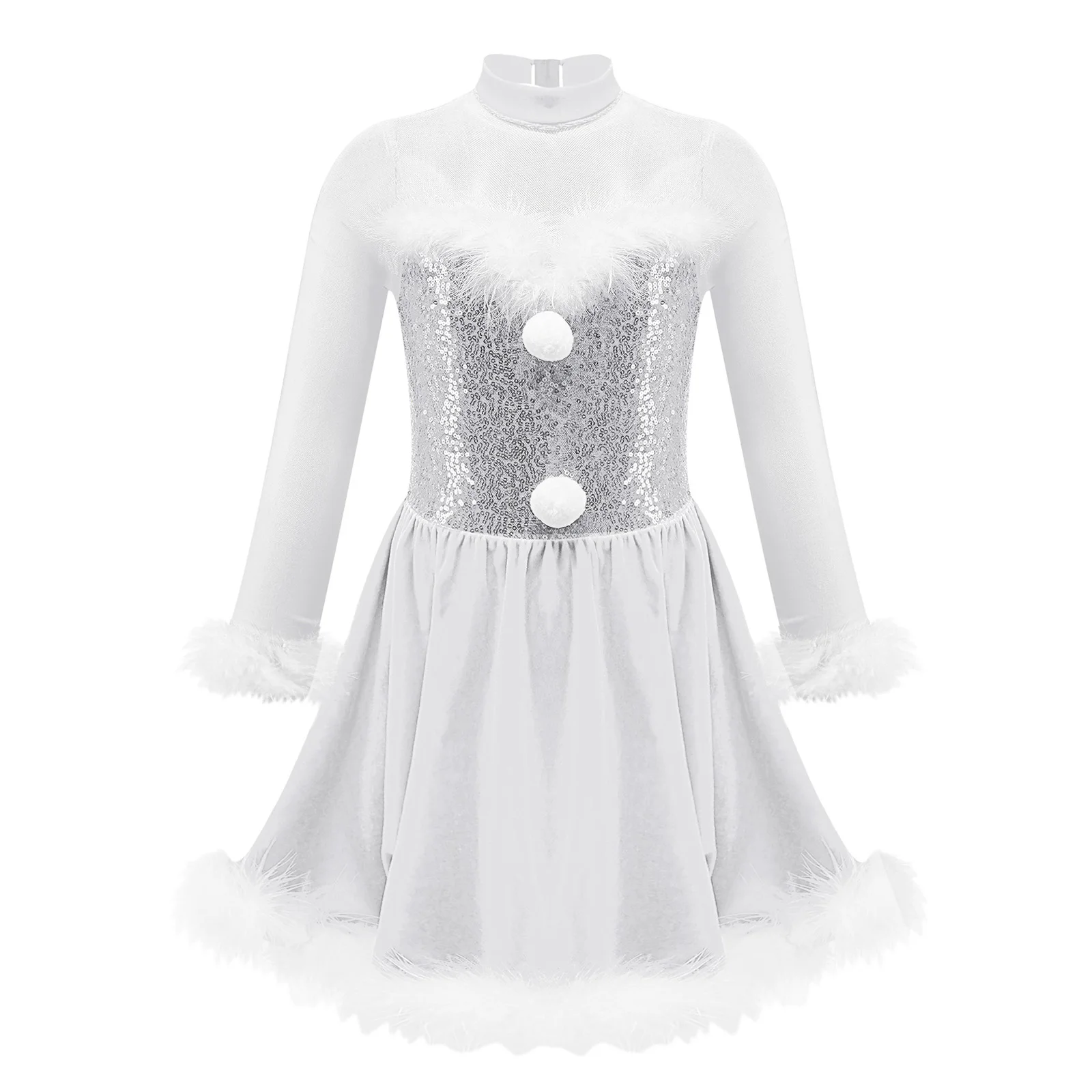 White Snow-Man Christmas Dance Costume Girls Long Sleeve Sequin Figure Ice Skating Leotard Santa Claus Ballet Tutu Dance Dress