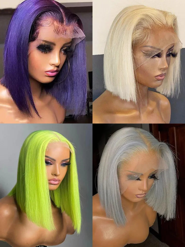 Lime Green Bob Lace Front Perucas, Cabelo Humano, Peruca Curta Reta, Lace Frontal Perucas Coloridas, Rose Neon, 13x4