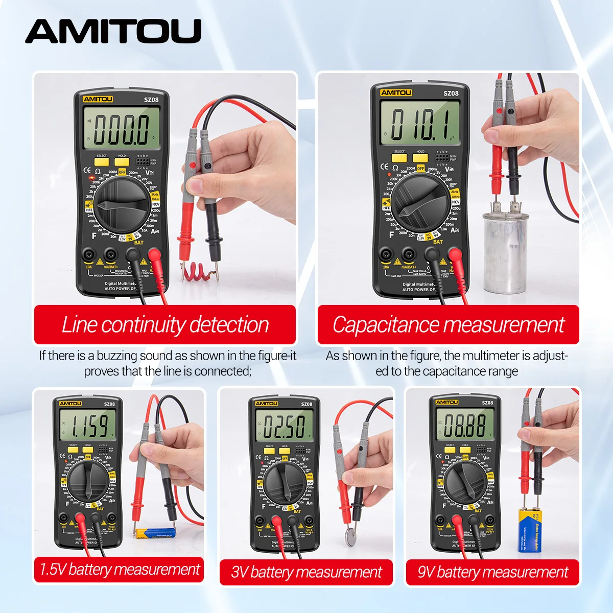 AMITOU SZ08 profesyonel dijital multimetre Noncontact gerilim dedektörü AC/DC akım ölçer elektrik test aracı elektrikçi için