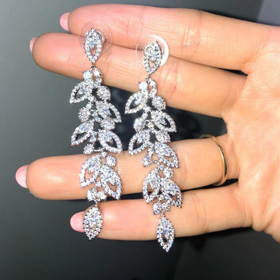 ZAKOL Brand Shiny Buling Micropaved Zirconia Leaf Long Earrings Chain Bracelet Charm Wedding Jewelry Set For Women