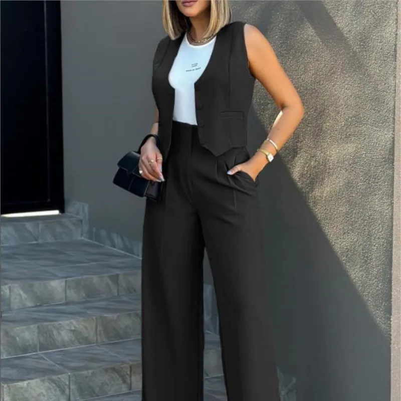 Women\'s Casual Waistcoat Wide Leg Pants Suit Elegant Sleeveless Vest Trousers 2 Pieces Set Solid Color Commuter Lady Pants Set