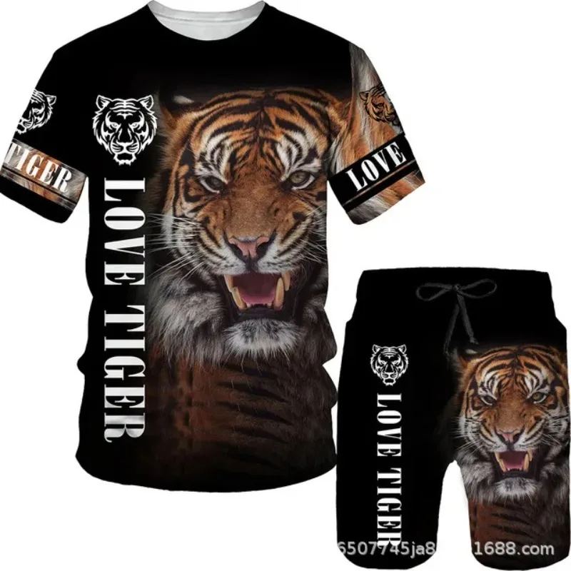 2025 Summer New 3D Printing Men's Casual Suit Lion and Tiger Print Series Men's Short-Sleeve Shorts Suit Round-Neck Casual Suit