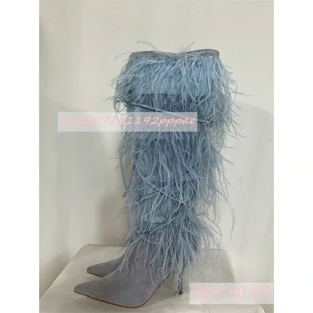 Light Blue Suede Feather Knee-High Boots For Women Sweet Pointed Toe Stiletto Heels Cross Straps Sexy Party Dress Long Boots 43