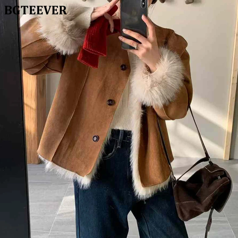 BGTEEVER Elegant Thicken Velvet Ladies Solid Warm Jackets Winter Fashion V-neck Long Sleeve Loose Female Single-breasted Coats