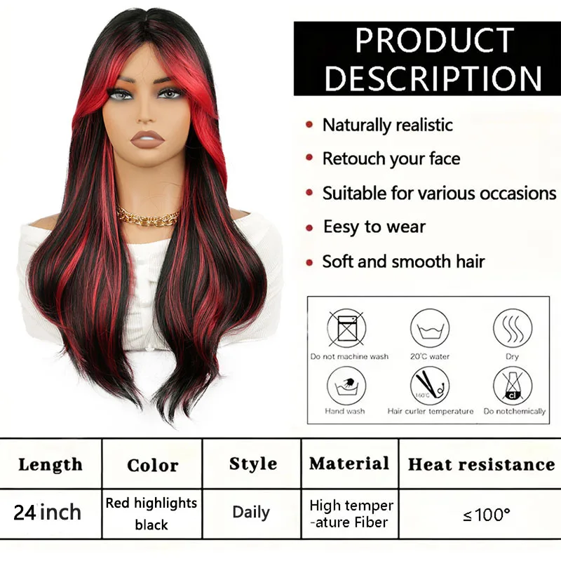 باروكة صناعية مموجة متدرجة باللون الأسود والأحمر، باروكة عالية الجودة مقاس 24 بوصة، مناسبة للحياة اليومية النسائية والحفلات التنكرية وما إلى ذلك