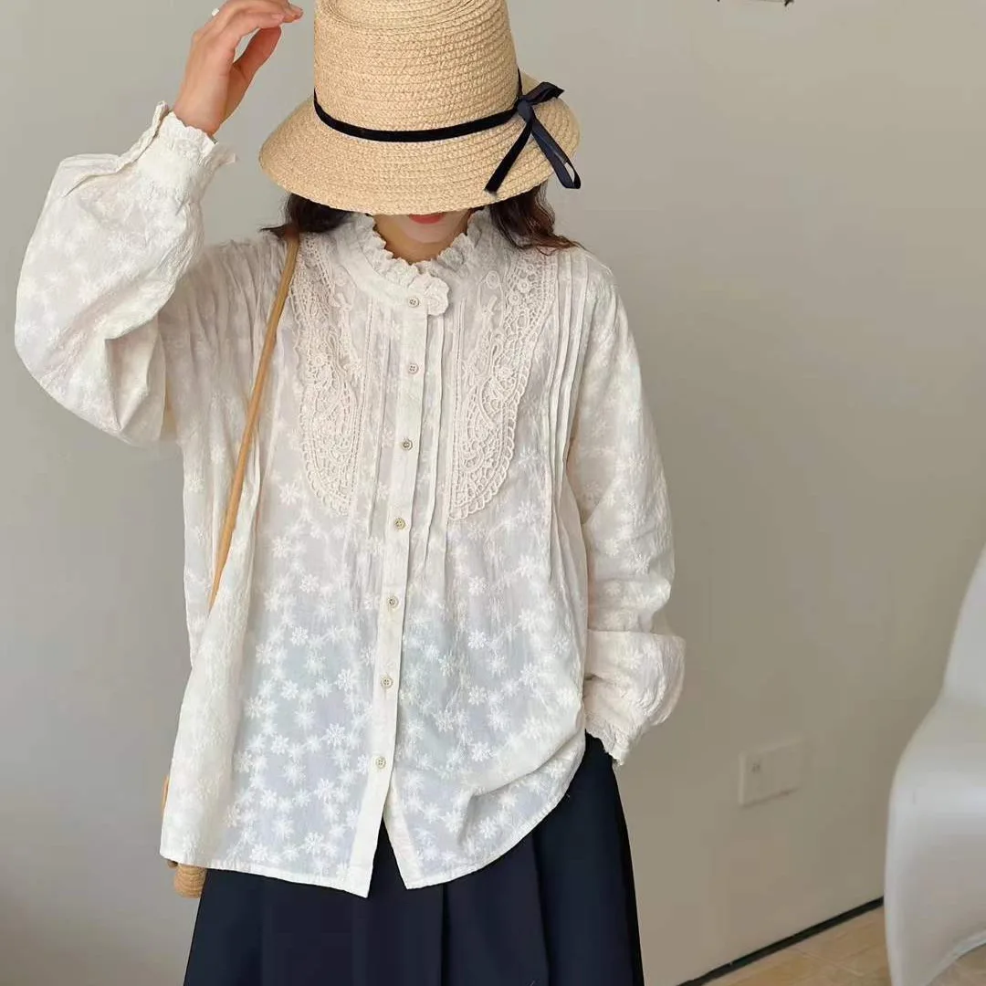 Japanese Sweet Mori Girl Lace Embroidery Cotton Shirts Women Spring Autumn Stand Collar Long Sleeve Casual Loose Blouse Tops