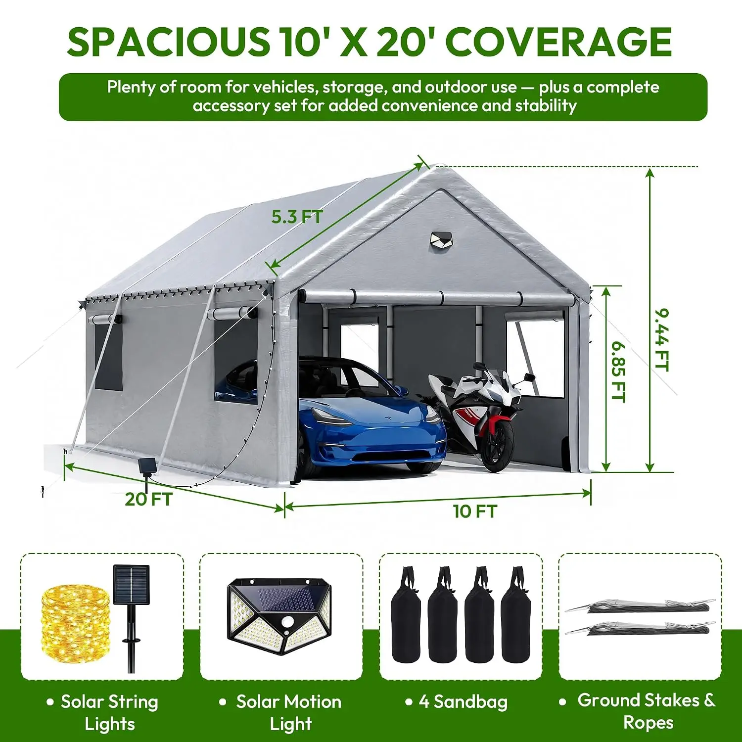 10x20FT Heavy Duty Carport Tent with Roll-Up Window & Door, Anti-UV PE Canopy for Car Truck Boat Garden Tools, Customized