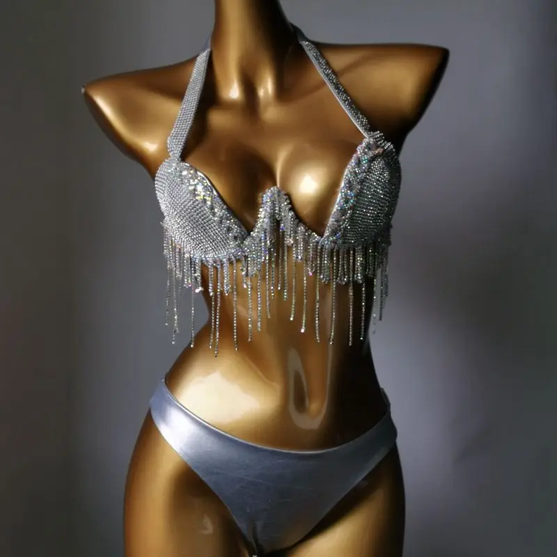 Women Beach Vacation Rhinestones Bikini Swimsuit Halter Hard Cup Bra Briefs Swimwear Club Nightclub Party Bikinis Rave Outfit