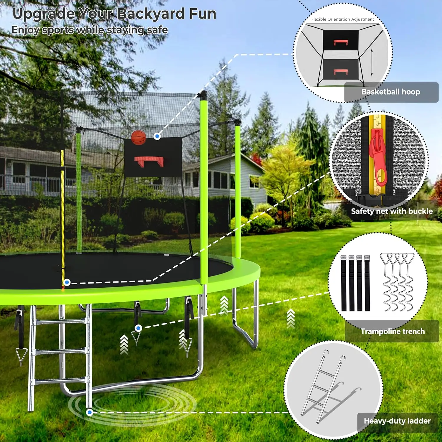 Trampoline for Kids and Adults, Large Outdoor Trampoline with Stakes, Light, Sprinkler, Backyard Trampoline with B