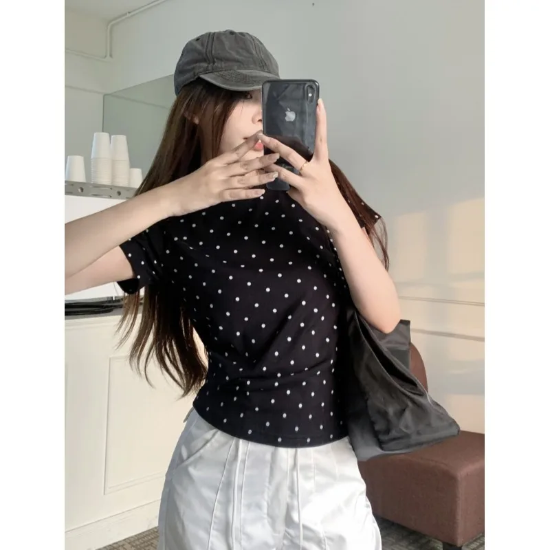 

Bla Polka Dot round Ne ort Sve Slim Fit American Sle Летняя футболка Женский базовый повседневный топ Универсальный комплект для поездок на работу...