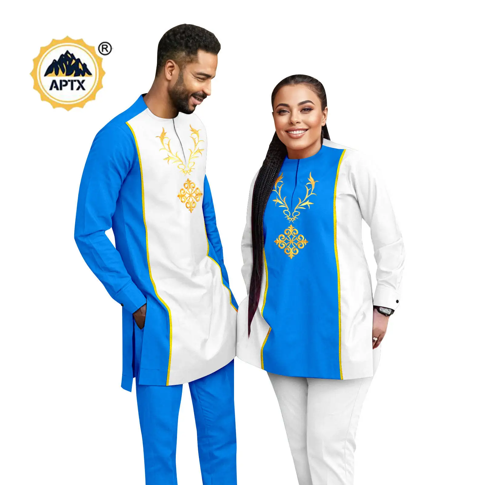 Bazin Riche 아프리카 여성 패치 워크 의류 매칭 커플 의상 Dashiki Kaftan 남성 아플리케 탑과 바지 세트 25C029