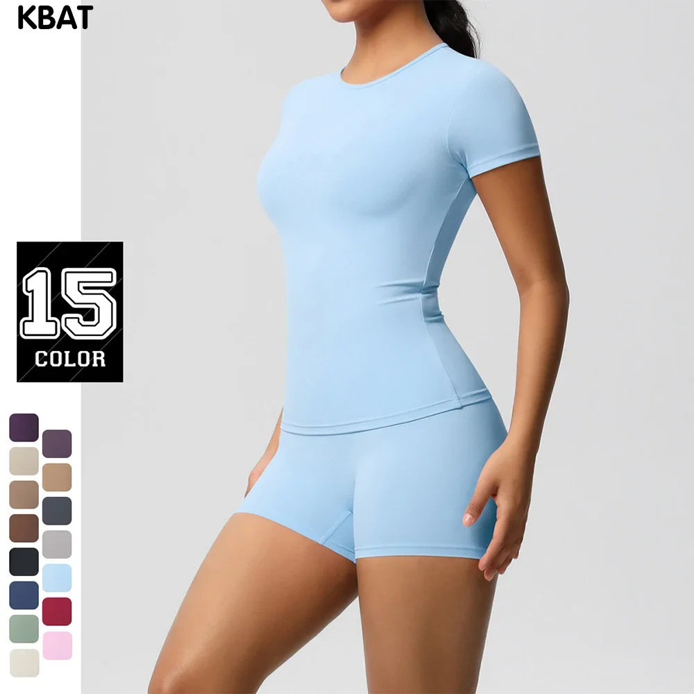 

2025 Summer Solid Color Nude Skin Friendly Sports Yoga Suit, Slim Fit and Slimming Elastic T-shirt, Fitness Shorts Set for Women