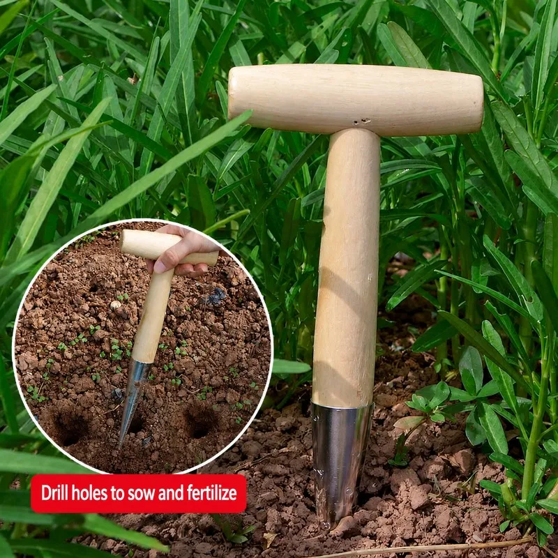 T Shape Wooden Handle Garden Dibbler Punch Seeding Tool Manual Fertilizing Digger for Vegetable Sowing Seedling Transplanting