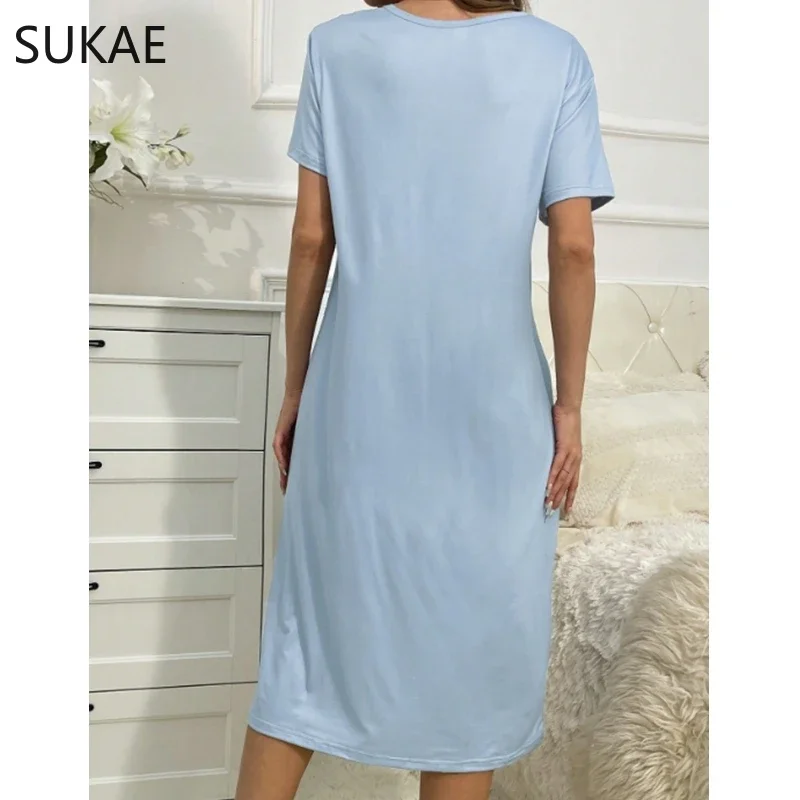 SUKAE Cute Panda Milk Silk Sleepwear Leisure Summer Nightdress Women Sleepshirt Casual Baby Blue Nightdress Cartoon Night Gown