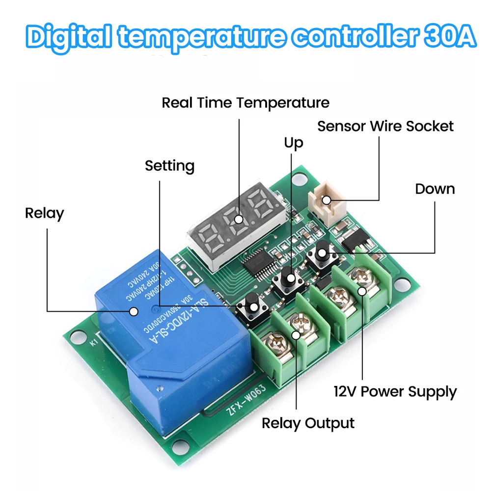 W1209 Display Digital LED Termostato, Controle de Temperatura, Controlador com Sensor NTC, Faixa de Temperatura 50 ~ 110 ℃, 12V, 30A, DC