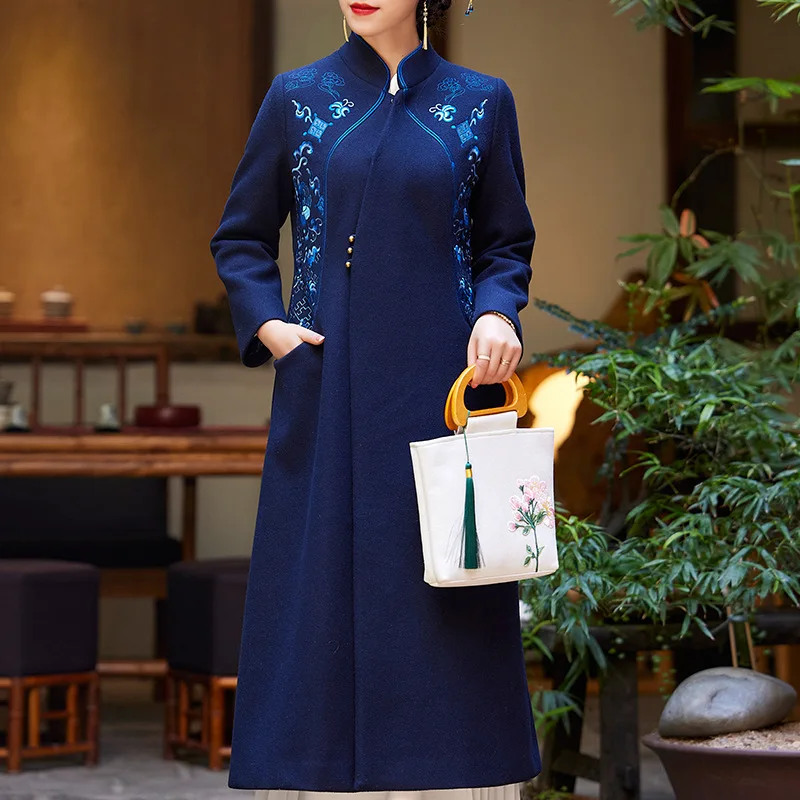 

Женское Новое китайское Шерстяное приталенное пальто в этническом стиле Ципао, повседневное приталенное пальто в китайском стиле