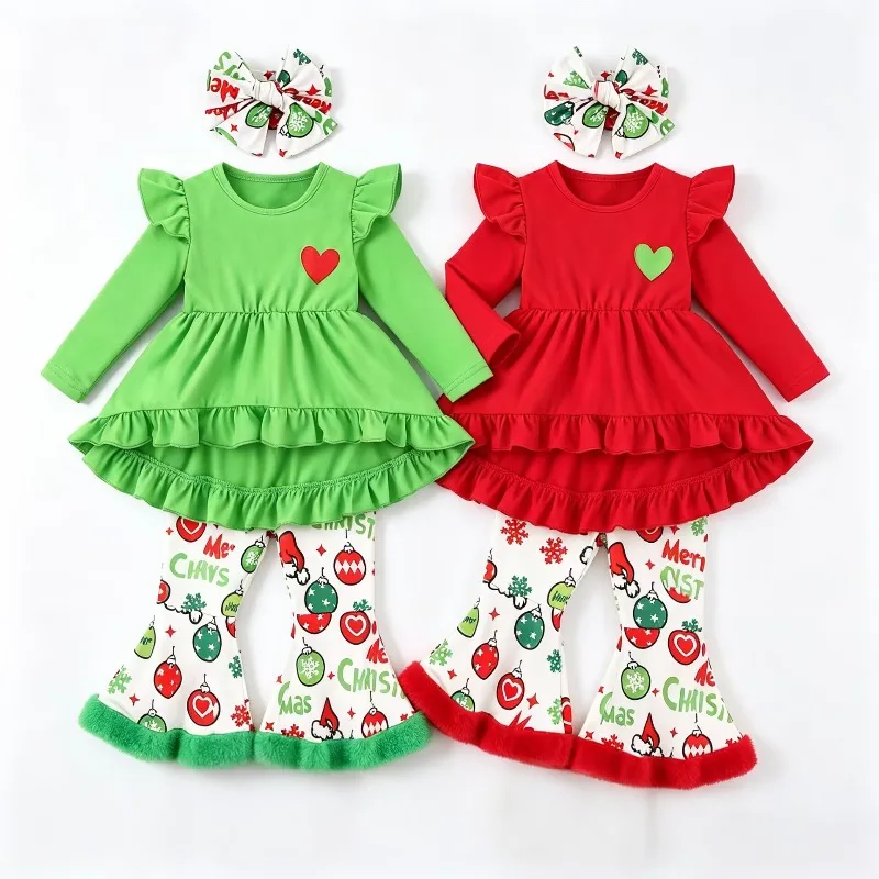 Newborn Infant Baby Girls Christmas Outfit Ruffle Long Sleeve Top Heart Print Flare Pants with Headband Set 0 24M