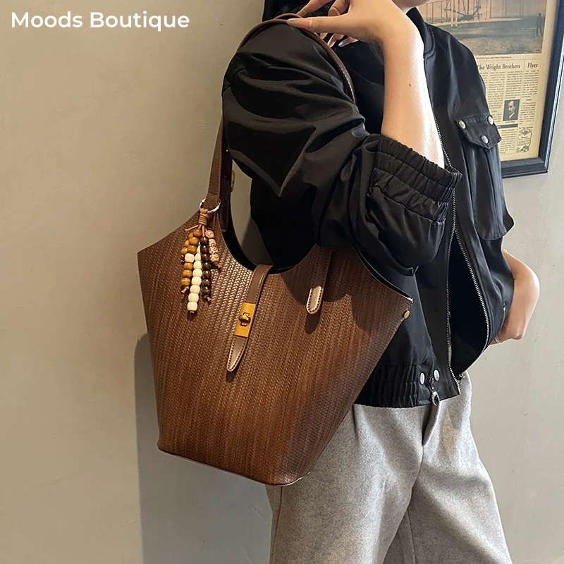 

Woven Style Shoulder Bag Set For Women Retro Pure Color 2-IN-1 Shopper Totes With Pendant And Small Pouch 2025 Designer Handbags