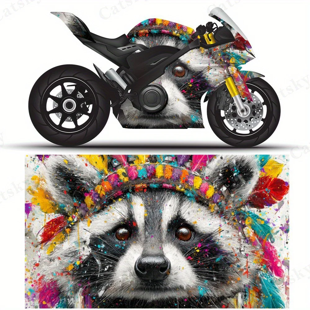 

Красочный енот с перьями, головной убор, наклейки на мотоциклетную пленку, прочные клейкие наклейки из ПВХ для индивидуального изготовления мотоцикла, погода